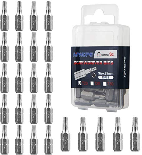 HPHOPE T20 Bit x 25Stück, Torx Bit T20 1/4 Sechskant-Antrieb (Länge: 25mm, Flip-Top-Box)