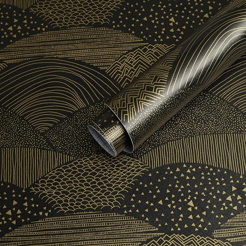 Toduso Peel and Stick Wallpaper Gold and Black Wallpaper Contact Paper Geometric Removable Wallpaper Self-Adhesive 393.7x17.3 Contact Paper for Cabinets Walls Decorative Vinyl Rolls