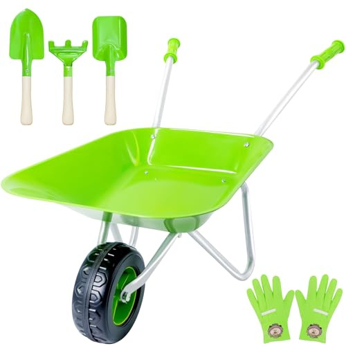 Ensemble de brouette en métal pour enfants avec pelle, râteau, pour l'extérieur, l'éducation, la ferme, le jardinage, le jeu (vert)