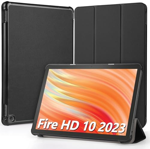 Hianjoo Hülle Kompatibel für Fire HD 10 Tablet 2023 10,1 Zoll, Ultra Dünn Leder Schutzhülle mit Standfunktion Kompatibel für Fire HD 10 13. Generation 10.1, Schwarz