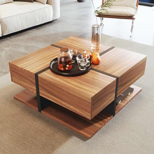KOMHTOM Table Basse carrée de Couleur Bois Table Basse Coffre avec 4 tiroirs et Compartiment de Rangement Ouvert pour Salon Chambre à Coucher (Noir + Bois)