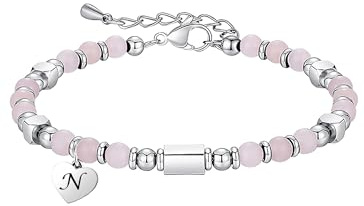 HAYOUWAY Geschenke für Mädchen Armband mit Buchstaben Rosenquarz Armband | Edelstein Armbänder Perlenarmband Damen Geburtstag Weihnachten Einschulung Geschenk Teenager Mädchen Geschenke für Sie Frauen