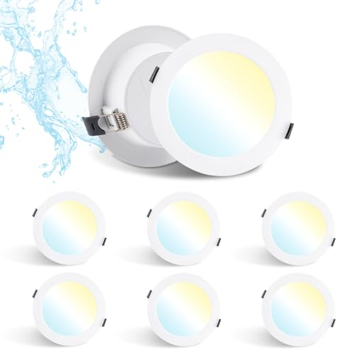 Grebeam 6 Pack LED Recessed Downlights, 12W, IP44 Bathroom & Kitchen Ceiling Spot Lights, 3CCT Adjustable (3000K/4000K/6000K), Fits 110-120mm Holes