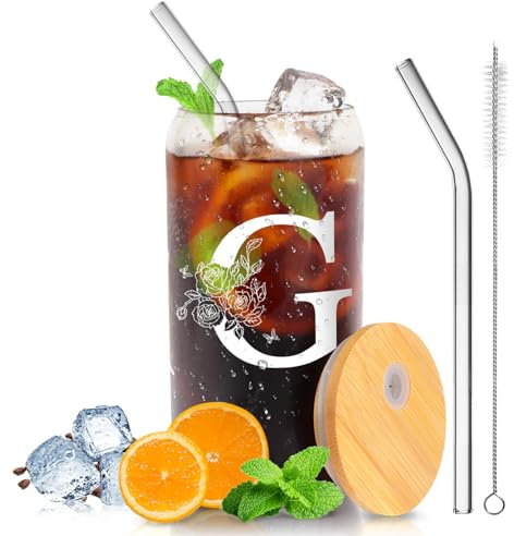 Personalized Gifts-for Women,Stylish A-Z Initial with Name, Gift for Birthday, Valentine's Day,Christmas,Teacher's Day for Mom Girlfriends Teachers,Coffee Smoothie Beer Glass with Lid Straw (G)