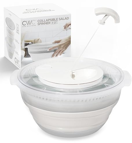 COOK WITH COLOR Collapsible Salad Spinner - 4 QT Space Saving Lettuce Dryer with Folding Collapsible Colander Great for Washing and Drying Fruit and Vegetables (White)