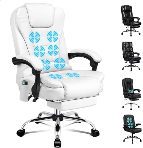 ALFORDSON Chefsessel Bürostuhl Massage Wärmefunktion, Ergonomisch Schreibtischstuhl Neigungswinkel 90°-150°, Drehstuhl Einziehbare Fußstütze,Besprechungsstuhl höhenverstellbarer, PU-Leder Weiß