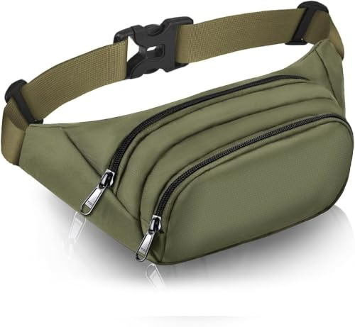 JAUSFETS 3 Pockets Bumbags Waterproof Large Capacity Waist Pack | Adjustable Fanny Packs for Women Men,Durable material Running Belt Fits MAX 7.9'' iPad & 6.6'' Phone for Sport Travel-Green