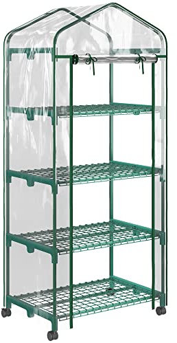Outsunny Gewächshaus mit Rolle, Regale, winterfest Foliengewächshaus aus Stahl, Treibhaus für Balkon, Garten, Tomatenhaus 69 x 50 x 165 cm, Tomatengewächshaus für Tomaten, Blumen, Pflanzen Transparent