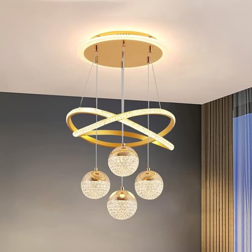 LED Pendant Light, 90W Creative LED Crystal Chandelier, Dimmable Dining Table Lights, Gold Pendant Light Ceiling Light Hanging Acrylic for Kitchen Island, Dining Room, Bedroom, Hallway (Gold)