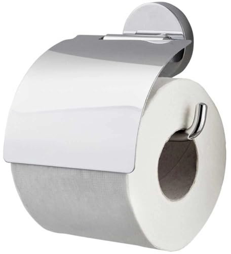Tiger Puck Toilettenpapierhalter – Edelstahl, verchromt, mit Deckel – Wandmontage mit Schrauben oder klebend mit Tigerfix – Rostfrei & stilvolles Design für Bad & Gäste-WC – 12,2 x 13,6 x 4,8 cm