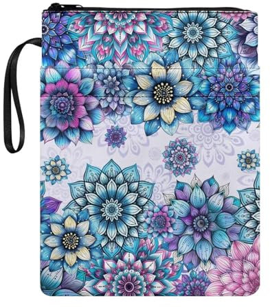 Buchumschlag Buchschoner mit Reißverschluss und Vordertasche, 29,5 x 21,6 cm, leichte Buchhülle für Bibliothek, Schule, Büro, Buchclub, Bohemian-Blume, Blau-Violett