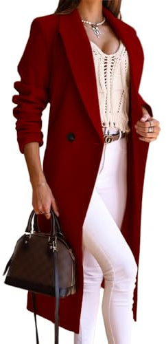 IDEALSANXUN Long Wool Coats for Women Fall Winter Trench Coat Peacoat Double Breasted Blazer Jackets Overcoat, Maple Red, Large