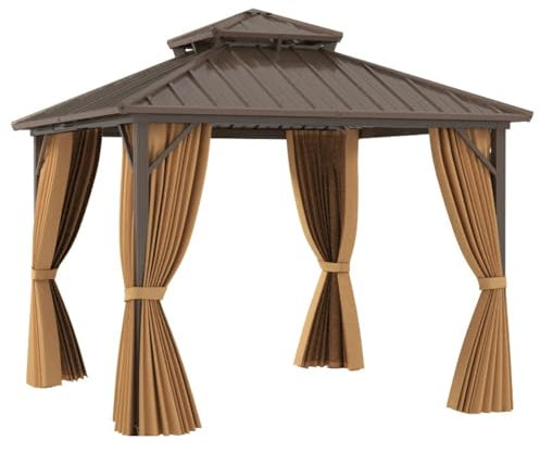 SPOTRAVEL Hardtop Gazebo, 3 x 3m Heavy-Duty Double Tiered Garden Gazebo with Galvanized Metal Top, Netting & Curtain, Outdoor Pergola BBQ Pavilion Tent for Patio Backyard Poolside