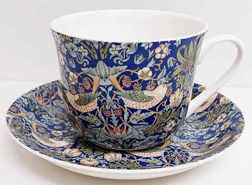 Rainbow Decors William Morris Strawberry Thief Blue Cup & Saucer Bone China Jumbo 425ml 15fl oz Breakfast Set Hand Decorated UK