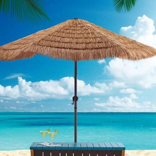 NOIRDA Ombrellone in Paglia da 240 Cm, Ombrellone da Spiaggia Tropicale con 6 Stecche E Palo in Ferro, Ombrellone Tiki A Manovella, per Esterni per Piscina, Patio, Giardino