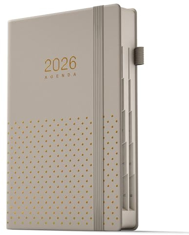 TDOLISSTE - Kalender 2026 Möteskalender, A5-Agenda bokkalender 365-sidor-dagplanering och 24-sidig månadsplan, flerspråkig, pennögla och innerficka, bunden upplaga (grå)