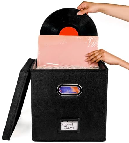 Scatola per dischi, organizer per album, con manico e coperchio, custodia decorativa per dischi in vinile, per dischi da 30,5 cm, contiene oltre 50 album