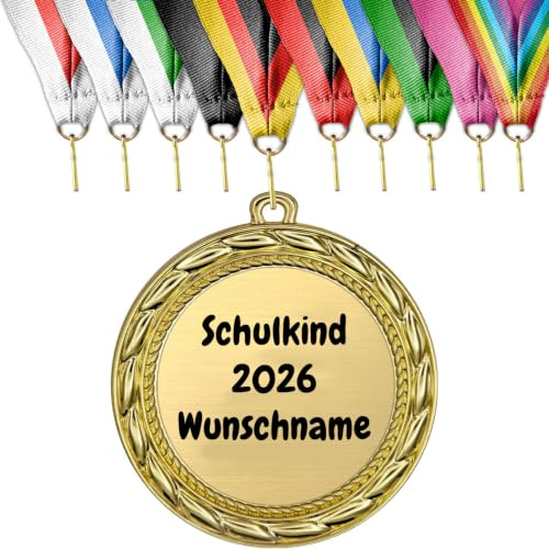 Schulkind-Medaille 2026 mit Wunschname, personalisiert, 7 cm | Geschenk zur Einschulung, individuelle Gravur, zum Umhängen