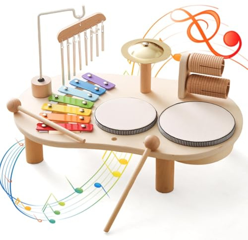 let's make Holz Montessori Musikinstrumente für Kinder ab 1 2 3 Jahre, Kinder Schlagzeugset Spielzeug mit Xylophon Trommel, Lernspielzeug Geschenk für Babys im Vorschulalter