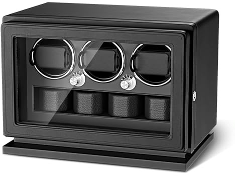 TWIXSTAR Uhrenbeweger, 2-in-1-Uhrenbeweger mit Schlüsselschloss für 3 Automatikuhren mit 4 Rotationsmodi, Mikrofaserleder, Verstellbarem Uhrenkissen, Leisem Motor und Weißem Licht für Damen & Herren