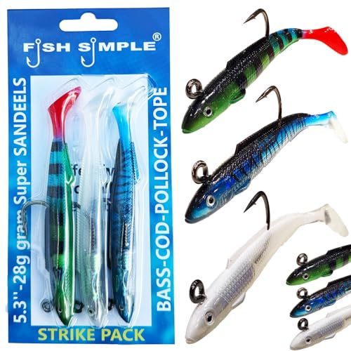 FishSimple™ Premium Fishing Lures, 28g 13.5cm Bass Cod & Pollock Lures, Silicone Multi-Color Strike Pack and Hit Squad Sets, 3 Pack Each All Year round winners. (STRIKE PACK)