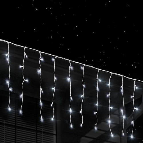 Tenda di Natale stringa luci 4 x 0.6 m con 168 LED in 28 pendenti, decorazione cascata luminosa natalizia 8 modalità, interno/esterno impermeabile IP44 giardino balcone terrazza (Bianco Freddo)