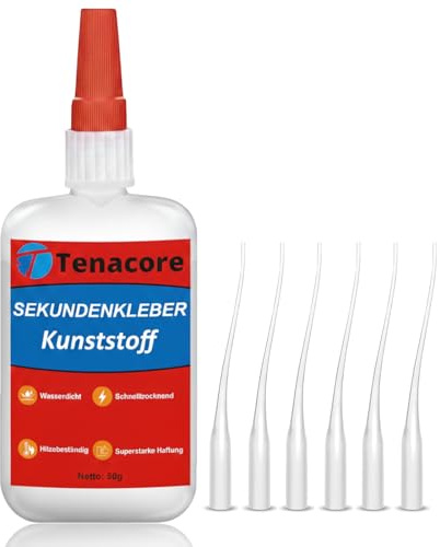 Tenacore Kunststoffkleber Extra Stark 50g, Transparent Sekundenkleber für Kunststoff, Modellbau Kleber, PVC, 3d Druck, Wasserfest, Plastik Kleber, PLA