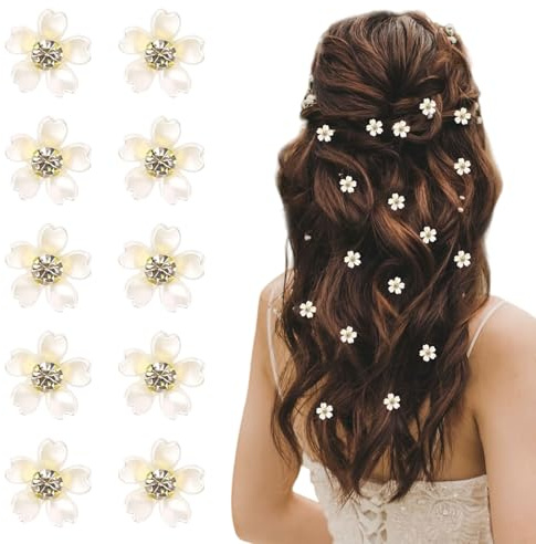 Muorruo 20 stycken mini hårklämmor, vita blommor hårklämmor med strass, söt blomma flicka hårdekorationer, hårklämmor för bröllop, brud hårnålar (vit)