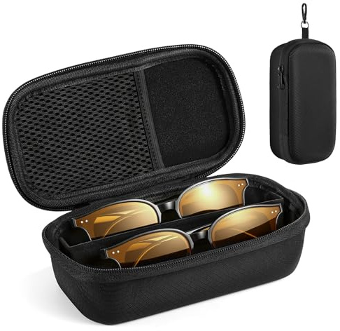 MoKo Doppel-Brillenetui mit verstellbarem Teiler, Hartschalen-Sonnenbrillen-Organizer mit Verschlussclips, Netztasche, tragbares Reise-Brilletui für Lesebrillen, Sonnenbrillen