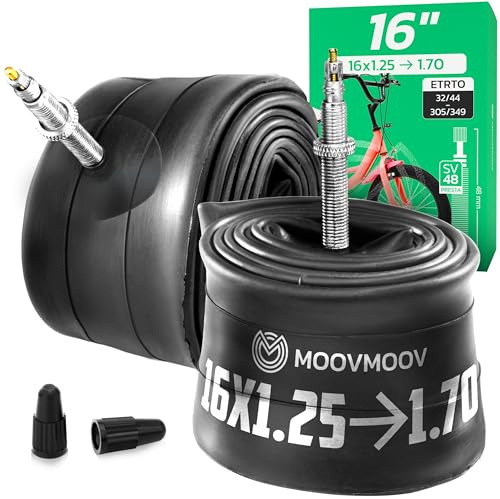 MoovMoov Fahrradschlauch 16 Zoll - Für Reifen 16x1.25, 16x1 1/4, 16x1 1/3, 16x1.35, 16x1 3/8, 16x1.40, 16x1 1/2, 16x1.50, 16x1.60 und 16x1 5/8 mit ETRTO 32-305 bis 44-340 - 2er-Set