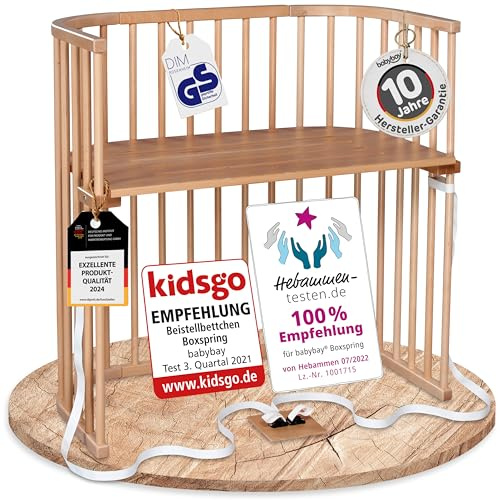 babybay Boxspring Beistellbett aus massivem Buchenholz / kompakt & verwandelbar / Kinderbett Höhe stufenlos verstellbar & umweltfreundlich / mitwachsendes Babybett (natur lackiert)