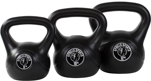 GORILLA SPORTS® Kettlebell - singel 2kg - 20kg eller set 17kg, 24kg, 30kg, 110kg, 113kg med/utan hylla, plast - kettlebell, bollvikt, swing hantel, vikter, kondition, styrketräning
