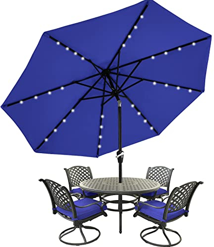 MasterCanopy 270 cm Sonnenschirm neigungsverstellbar, mit 32 Solar-LED, 8 Rippen und Kurbel, für Patio, Garten, Terrasse, Markt, Blau