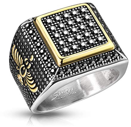 Paula & Fritz® Ring Herren Zirkonia Ornamente 316L Chirurgenstahl Größe 72 (22,9) Silber/Gold/Schwarz Herren-Ring Freundschaftsring Siegel-Ring