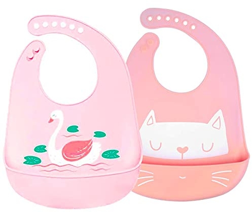 Bavaglini per bambini, impermeabili, in silicone, flessibile, morbido, da 6 mesi a 6 anni, grande, regolabile, impermeabile,, Rosa, 2 Unidad (Paquete de 1)