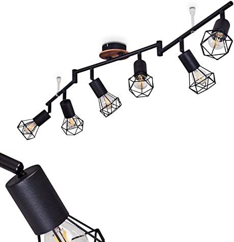 HOFSTEIN Deckenleuchte Baripada, verstellbare Deckenlampe aus Metall/Holz in Schwarz/Natur, Leuchte im Retro/Vintage-Design, Lichteffekt durch Gitter-Optik, 6xE14, Wohnzimmer, Esszimmer, Schlafzimmer