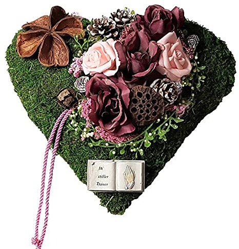 Der-kleine-Dekoladen Grabgesteck Grabherz Herz Grabaufleger wetterfest Moosherz Bibel Trauerherz Rosen, 30x29cm, Lila | Wetterbeständig, Bibel