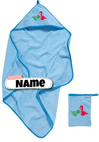 Stickling Baby Kapuzenhandtuch Set mit Baby Waschlappen | Baby Handtuch Kapuzenbadetuch personalisiert mit Name | Baby Badetuch Bestickt mit Namen | Baby Erstausstattung Dino