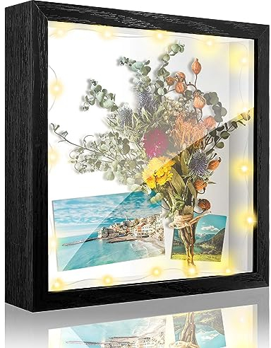 Brmeday 3D Bilderrahmen zum Befüllen 20 x 20cm, Objektrahmen Tief für Objekte bis 3cm, Quadratisch 3D Rahmen mit Licht und Plexiglas für Blumen Hochzeitsstrauß Abitur Geschenk (Schwarz)