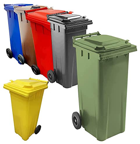 Pluto Packaging 140 Litre Coloured Wheelie Bins Compact Sized | Red Blue Green Grey Brown & Yellow For Home Office Strong Disposal Bins With Rubber Wheels & Lids