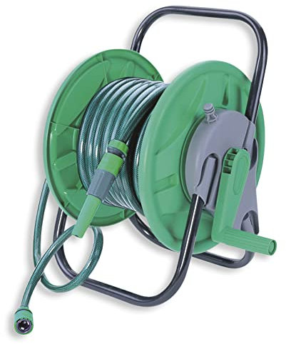 HERSIG - Carro Manguera Jardin - Carrete con Manguera Jardin 15m + 3 Adaptadores (31x45x45cm) - Enrollador Portátil para Riego, Terraza, Patio, Balcón, Fácil de Usar y Transportar