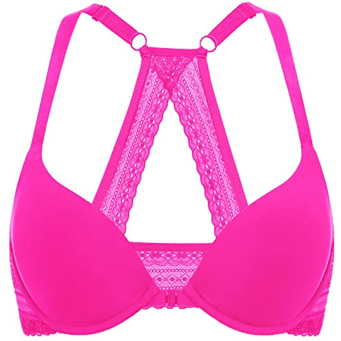 DOBREVA Dam Push Up Bh Racerback Front Stängning Bh:ar Plunge Bygel Tshirt Vadderad Spets Glitter Pink 70A