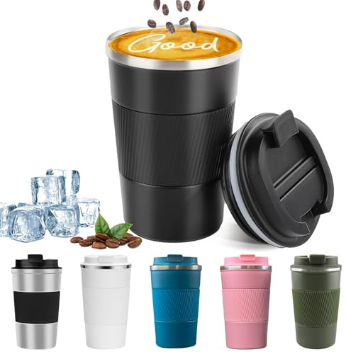 YINBAOGE Insulated Travel Coffee Mug Leak Proof, Portable to Go Camping Stainless Steel Coffee Tumbler, Reusable Thermal Coffee Cup with Lid for Hot&Cold Drinks (Black, 12 OZ) (Black, 12 Ounces)