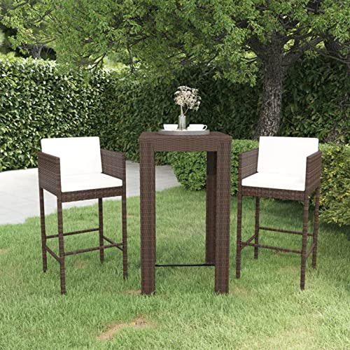 Homgoday Juego de 3 muebles de jardín con cojín, muebles de jardín, mesa de bar, mesa alta, mesa de jardín, muebles de balcón, mesa alta, taburete, silla de bar, muebles de jardín, polirratán, marrón