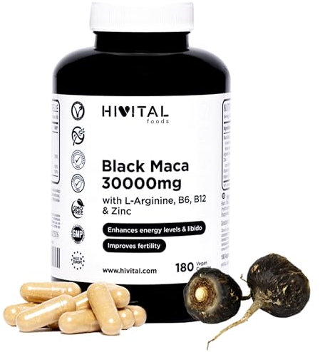 Maca Nera Peruviana 30000 mg. 180 capsule vegane per 2 mesi di trattamento. Estratto di Maca Andina con L-Arginina, Zinco e Vitamine B6 e B12. Prodotto in Europa da HIVITAL