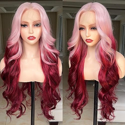 FABÉLLE Ombré-Lace-Perücke in Rosa und Rot, mit gewelltem Babyhaar, für Frauen, vorgedehnte synthetische Spitzen-Perücke, 30 Zoll, Dichte 13 x 4 x 1