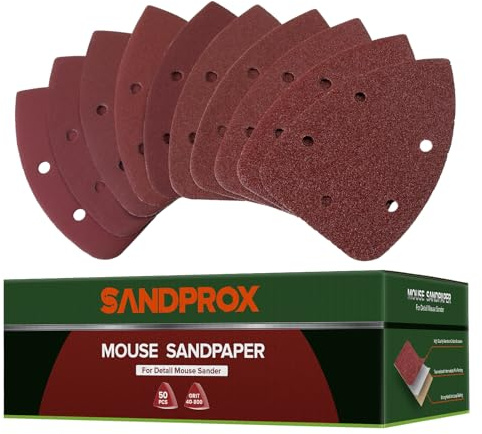 SANDPROX Mouse Sander Sandpaper 140mm Hook and Loop Sandpaer 50PCS Mouse Detail Sander Pads 40/60/80/100/120/180/240/320/400/800 Grit 5 Holes Triangle Sandpaper for Black and Decker Detail Palm Sander