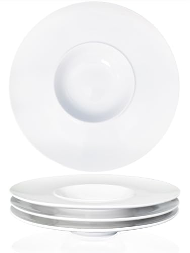 Jinsongdafa Lot de 4 bols à soupe bord en porcelaine, assiettes creuses 250 ml, assiettes plates blanches (26 cm)