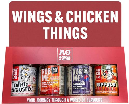 Angus & Oink Gift Set | Wings & Chicken Things Gift Box | BBQ Rubs | 1 x Feather Duster | 1 x Nashville Hot Chicken | 1 x Korean Seasoning | 1 x Buffalo Hot Wing | 4 x 200G