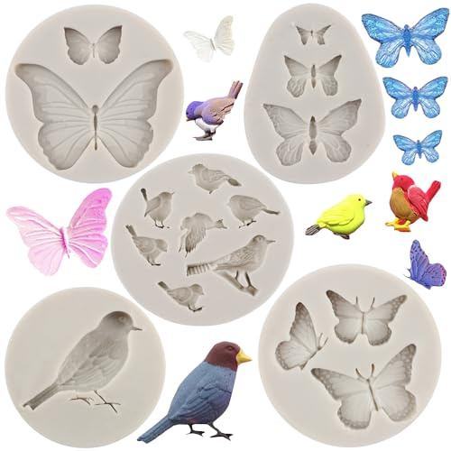 MYPRACS 5 Stück Schmetterlings Silikonformen Vogel Fondant Formen für Zucker Kuchen Cupcake Topper Schokolade Süßigkeiten Gummipaste Polymer Ton